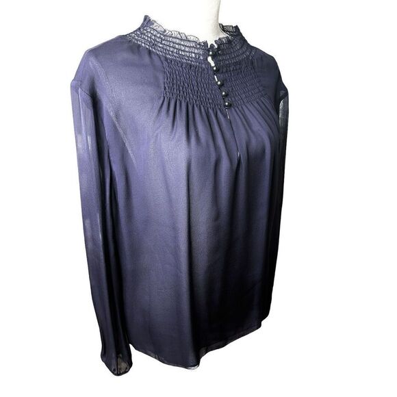 Diane Von Furstenberg Navy 100% Silk Mock Neck Long Sleeve Blouse Size 12 NWT! - Picture 2 of 9